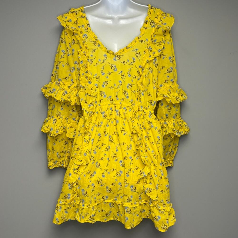Happy Nature Yellow Floral Ruffle Romantic Boho Hippie Country Dress Womens Sz L - Picture 3 of 6